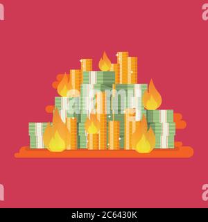 Burning pile of money. Economic crisis concept. Vector illustration Stock Vector