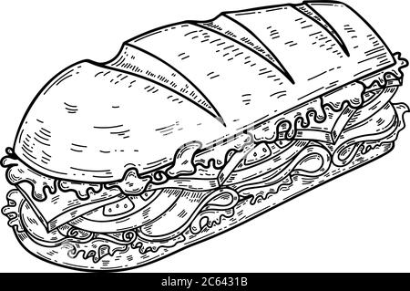 Illustration of submarine sandwich in engraving style. Design element for poster, card, banner, flyer. Vector illustration Stock Vector