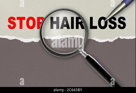 word STOP HAIR LOSS  and magnifying glass with pencil made in 2d software Stock Photo