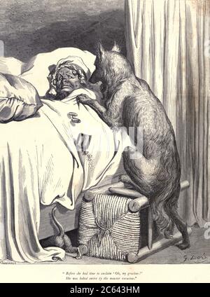 Before she had time to exclaim “Oh, my gracious!” She was bolted entire by the monster voracious.” Illustration from ‘Little Red Riding Hood’ by Paul Gustave Dore (1832-1883). The big bad wolf devours the Old Lady in her bed illustration by Gustave Dore from the book Fairy realm. A collection of the favourite old tales. Illustrated by the pencil of Gustave Dore by Tom Hood, (1835-1874); Gustave Doré, (1832-1883) Published in London by Ward, Lock and Tyler in 1866 Stock Photo