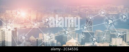 Wifi city communication technology fast internet connection 5g wireless concept. modern city view with icons. Stock Photo
