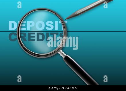 word deposit - credits  and magnifying glass with pencil made in 2d software on gradient  background Stock Photo