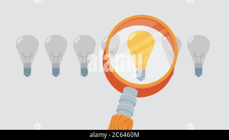 Vector concept in flat stye - searching for idea - lightbulbs and hand with magnifier Stock Vector
