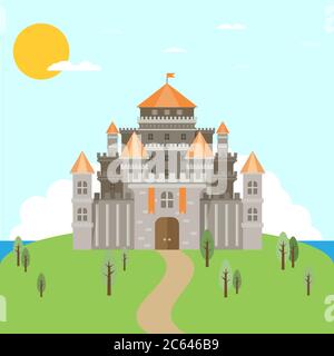 Magical fabulous cartoon castle. Vector flat illustrations Stock Vector