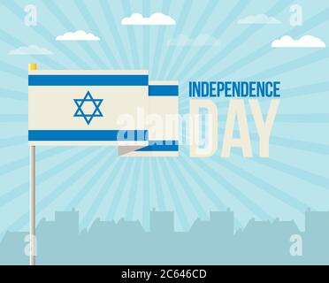 The flat design of the flag on the flagpole. Independence Day. Flag of Israel Stock Vector