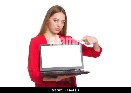 Young woman showing a laptop over white background, and pointing finger to white screen of notebook with copy space for presenting application or website online or products Stock Photo