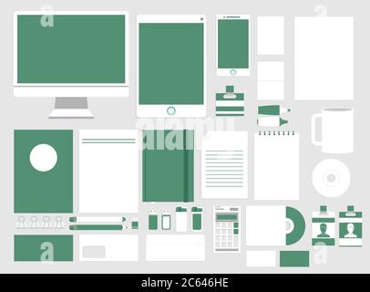 Vector set in modern flat design of corporate style branding design with a variety of blank office objects for your presentation. Isolated on light gr Stock Vector