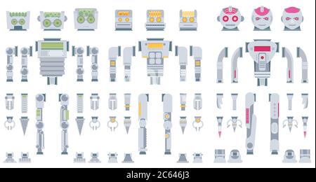 Robot design attributes,body parts and other details of vector image illustration set. Flat vector. Stock Vector