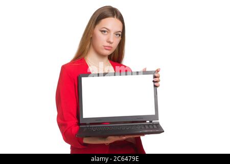 Young woman showing a laptop over white background, white screen of notebook with copy space for presenting application or website online or products Stock Photo