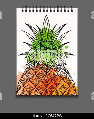 Cover template for Notebook with doodle illustration with pineapple and watercolor splashes. Vector element for printing on T-shirts, postcards and yo Stock Vector