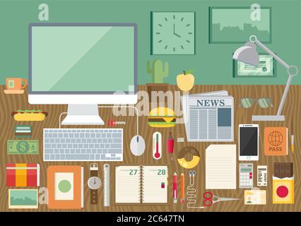 Flat modern design vector illustration concept of creative office workspace, workplace. Stock Vector