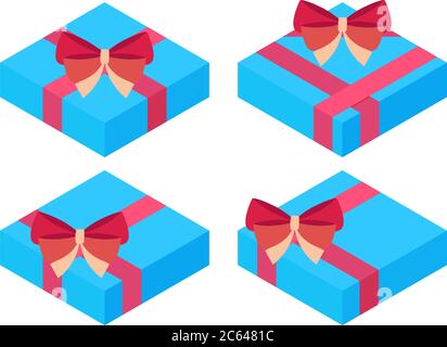 Flat style, isometric, wrapped gift or gift card with pink ribbon on white background Stock Vector