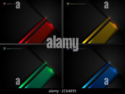 Set of abstract template black and blue, red, green and yellow geometric overlapping with shadow and lighting effect on dark background technology sty Stock Vector