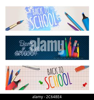 Set of horizontal banners back to school with stationery. Vector element for your design Stock Vector