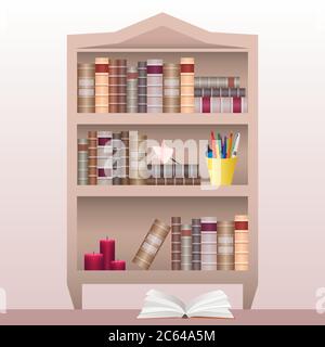 Bookshelf with books, stationery and  candles. Vector element for your creativity Stock Vector
