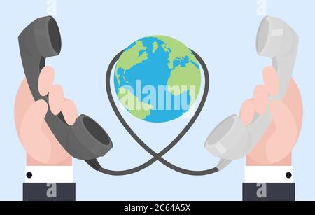 Flat illustration of two hands with old phones, wire connections. Communication at a distance. Stock Vector