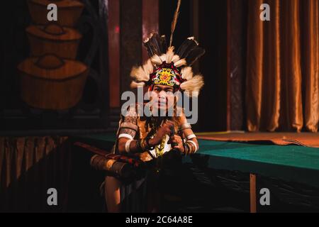 The Sarawakian Traditional Dance by Orang Ulu, one of the local ethnic in Sarawak Stock Photo