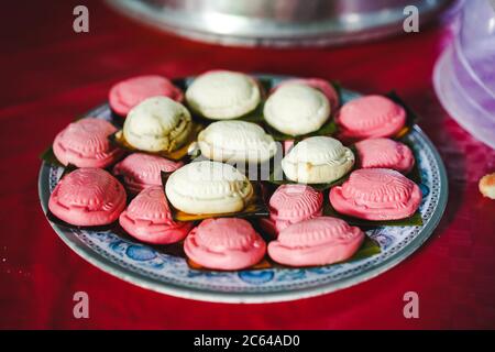 Ang Koo Kueh, a traditional sarawak chinese delicacies that is made up of glutinous rice, peeled green bean and sugar. Stock Photo