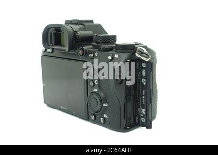 Sony A7 mark iii against isolated white background. This 2018 mirrorless camera of the year is a fullframe mirrorless camera with a very compact size Stock Photo