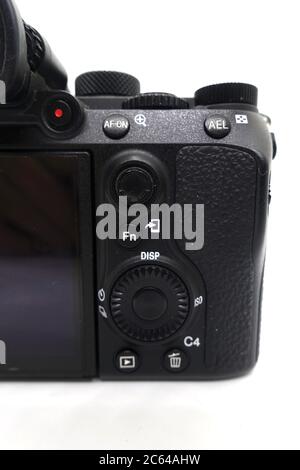 Sony A7 mark iii against isolated white background. This 2018 mirrorless camera of the year is a fullframe mirrorless camera with a very compact size Stock Photo