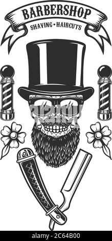 Barbershop poster template. Bearded mexican sugar skull and barber blades. Design element for poster, card, banner, t shirt, logo, emblem. Vector illu Stock Vector