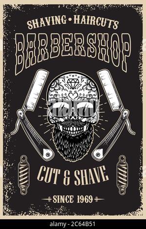 Barbershop poster template. Bearded mexican sugar skull and barber blades. Design element for poster, card, banner, t shirt, logo, emblem. Vector illu Stock Vector