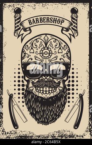 Barbershop poster template. Bearded mexican sugar skull and barber blades. Design element for poster, card, banner, t shirt, logo, emblem. Vector illu Stock Vector