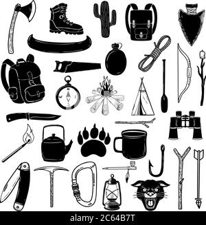 Big set of camping design elements. Tourists stuff, tents, backpacks, campfire, axes. Design element for logo, label, sign, poster, t shirt. Vector il Stock Vector