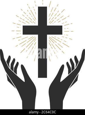 Hands with shining holy cross. Design element for logo, label, emblem ...