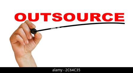 Hand underlining outsourse with red marker Stock Photo