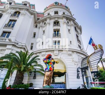 statue of Jazz trompist Miles Davis by french sculptor Niki de Daint Phalle at the Hotel Negresco, Promenade des Anglais, Nice, French Riviera, Proven Stock Photo