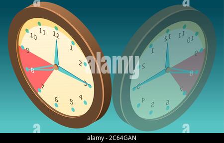 wall clock with mirror image on abstract backgrounds Stock Vector