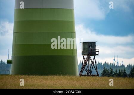 Wind power plant, mast, high stand for hunters, GLS wind farm, ENERCON E-101, 135 meters hub height, in the North Eifel, near Schleiden, NRW, Germany, Stock Photo