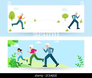 Family sports. Grandmother, grandfather and child run in city Park doing sports. Vector illustration in modern flat style. Concept healthy lifestyle Stock Vector