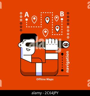 Offline Maps. Live Navigation. Man look through the telescope. Stock Vector