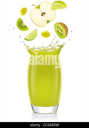 mixed green fruit falling into a splashing juice glass isolated on white Stock Photo