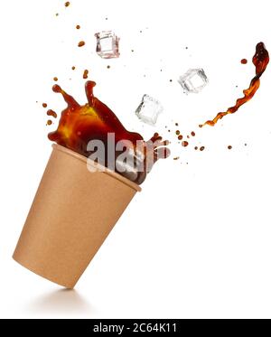 ice cubes falling into a splashing take-out coffee isolated on white Stock Photo
