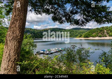 Rursee lake, reservoir, the village Rurberg,  Nationalpark Eifel, NRW, Germany, Stock Photo