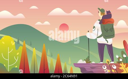 A Man and a cat are travelling. Stock Vector