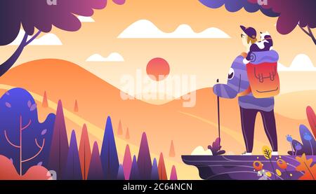 A Man and a cat are travelling. Stock Vector
