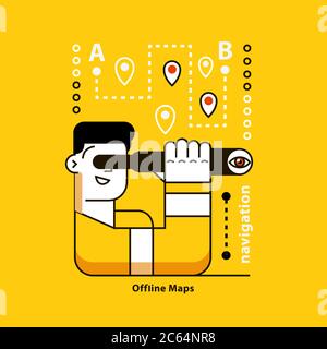 Offline Maps. Live Navigation. Man look through the telescope. Stock Vector