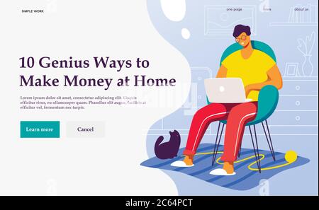 Flat vector concept illustration. A freelancer working at home with cat. Stock Vector