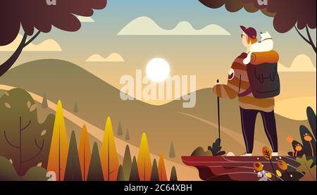 A Man and a cat are travelling. Stock Vector