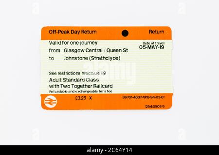 Train Ticket, Adult Off Peak Day Return, purchased with a Two Together Railcard for a journey from Glasgow Central To Johnstone, Scotland, UK Stock Photo