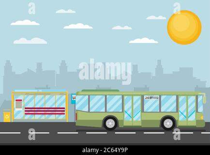 Vector Illustration of Bus Stop with City Skyline and Bus. Flat Design Style. Stock Vector