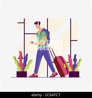 A Treveller in an airport. Around the world. Stock Vector