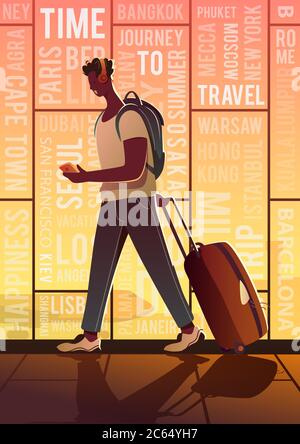 A Treveller in an airport. Around the world. Vector flat modern poster. Sunset. Stock Vector