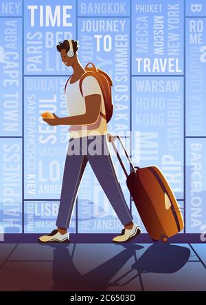 A Treveller in an airport. Around the world. Vector flat modern poster. Sunset. Stock Vector