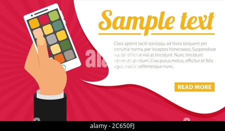 Hand holing smartphone with speech bubble for text. Stock Vector