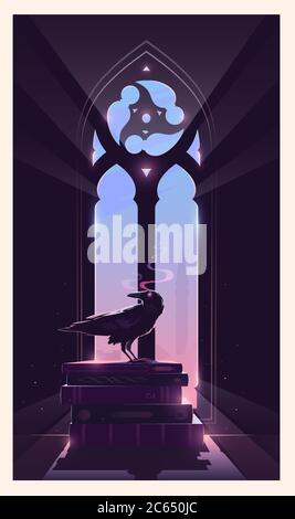 The raven is sitting on the books. Gothic window. The keeper of secrets. Stock Vector